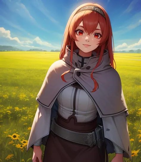 a woman in a gray cape standing in a field of flowers