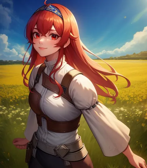 a woman with long red hair standing in a field of flowers