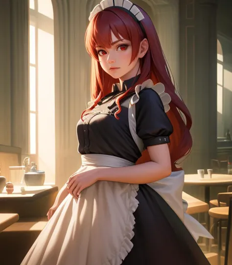 a woman in a maid outfit standing in a room