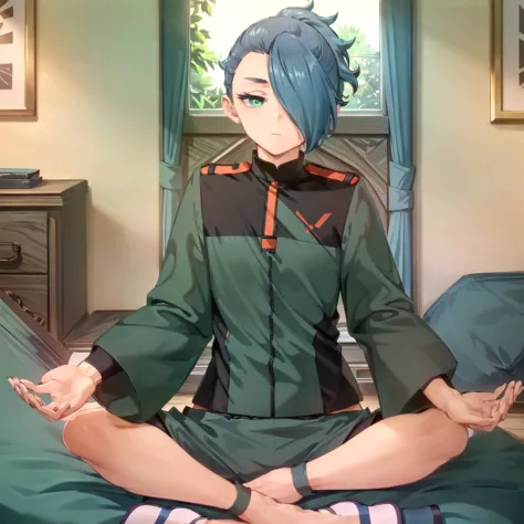 anime character sitting in a yoga position on a bed