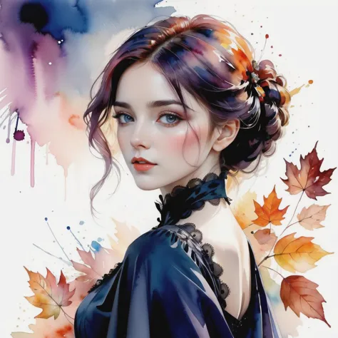 (8k, best quality, masterpiece:1.2),(best quality:1.0), (ultra highres:1.0), watercolor, a beautiful Victorian era woman, random fashion, by agnes cecile, half body portrait, extremely luminous bright design, pastel colors, (ink:1.3), autumn lights