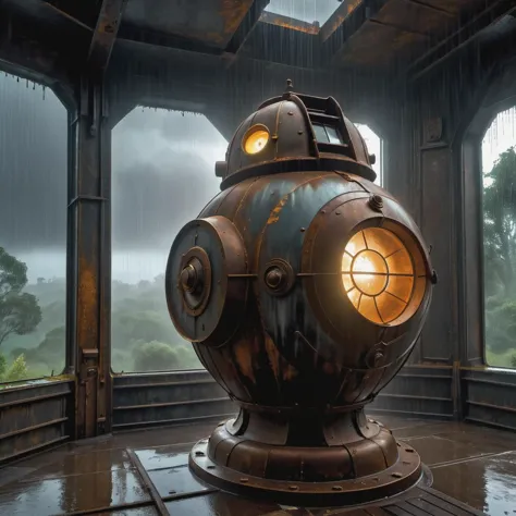 a beautiful illustration of a Rusted and weathered iron Golem, post-apocalyptic abandoned observatory, flickering control panel, ethereal scenery, ambient light from a window, Torrential rain, noir aesthetic, <lora:offset_0.2:1>, best quality, masterpiece, HDR, 8K, UHD, soft lighting, crisp, clear, clean, highly detailed, detailed eyes