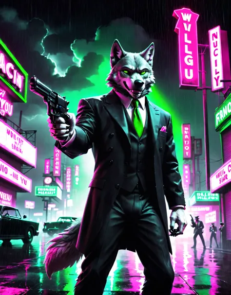 Villain League,
a stunning film noir still photograph, full shot of a (wolf dog) wearing suit, pointing with a gun, (gunatyou), at a dark rain night, evil smile, neon green and pink lighting, night time, 
dramatic cinematic film noir lighting, sin city style, (prefect hand),
very strong contrast, dramatic Lighting,
strong visual contrast, terrifying, from below,
Tsutomu Nihei, cinematic film style, special effects, VFX, award-winning picture, highly detailed, ultra-high resolutions, 32K UHD, sharp focus,
(photorealistic:1.5), (Extremely realistic, masterpiece, top quality, official art, best quality, beautiful and aesthetic:1.2), 4k, 8k, 
very rich details,