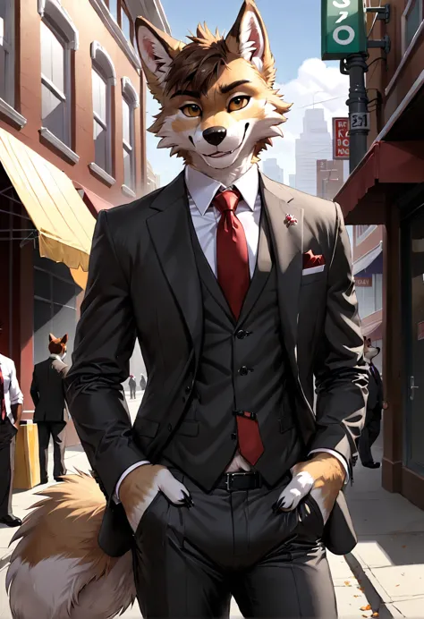 there is a man in a suit and a fox mask on a street