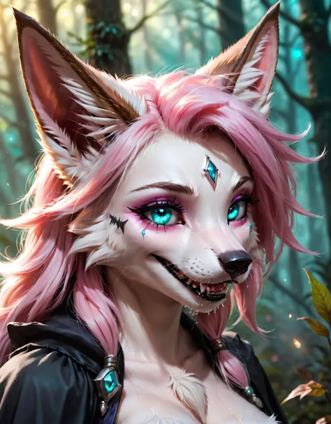 a close up of a woman with pink hair and a cat mask