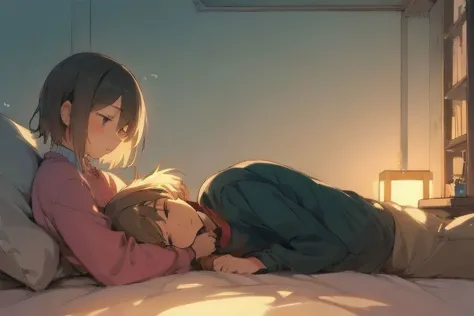 A cozy and comforting art with a young girl comforting and taking care of a sad and tired boy, calming and warm colors, soft and...