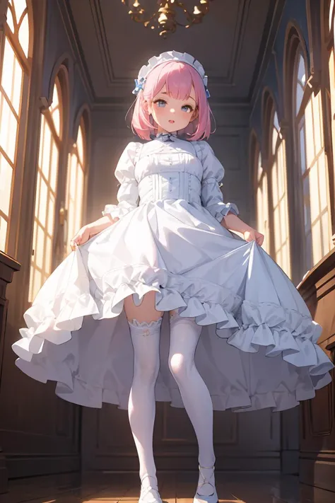 (masterpiece, best quality), 1girl, blue and white frill dress, (white stockings), pink hair, cute face, standing, indoor, intri...