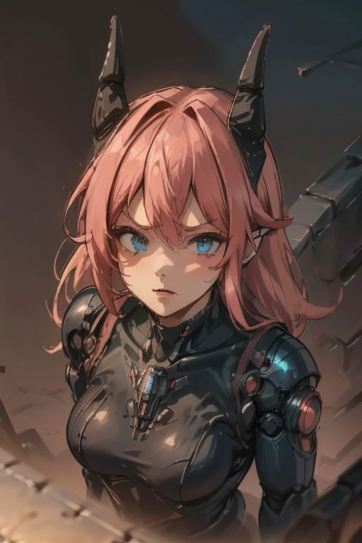 Mecha, Cyberpunk setting ((League_ of_Legend_PROJECT_L_style, PROJECT L  from League_ of_Legend, PROJECT L   (1 anger girl , long pink hair, blue_eyes, ears, PROJECT L from League_ of_Legend, perfect_face , Cybernetic_Neon_Horns, cybernetic_sword_in_hand, action)  mecha, cyberpunk, dark theme), Mecha + Cyber city on background, masterpiece, best quality, monochromatic, sharp focus. Better hand, perfect anatomy,