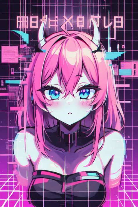 a girl with pink hair and horns in front of a neon background