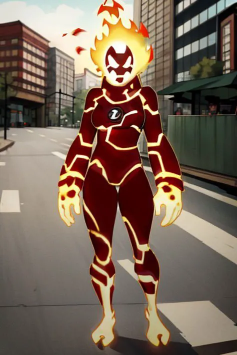 Heatblast, female version of heatblast, female body, bigesr , flames girl body, Omnitrix on chest, red hands and red head flames, fire female heatblast, detailed background, day, city, street, very detailed illustration, 1girl, absurdres, highres, high quality, masterpiece, ultra-detailed, detailed eyes, ultra-detailed body, ultra-detailed breast