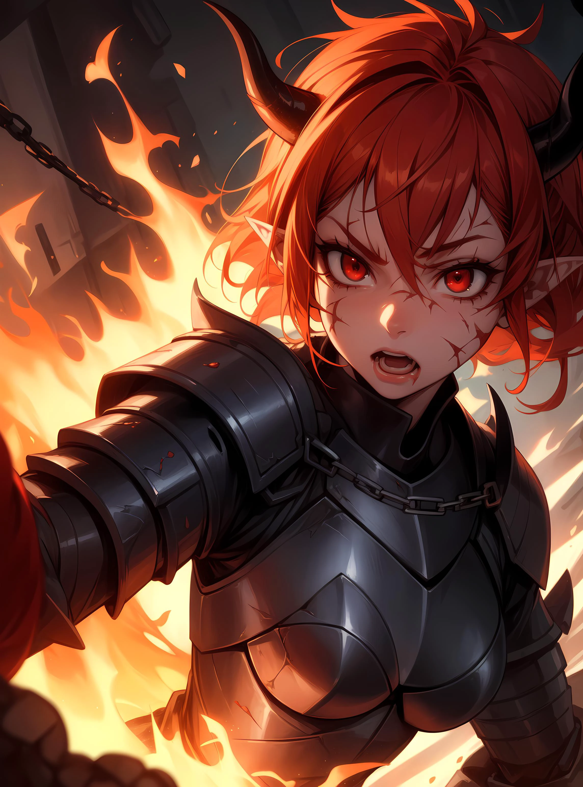 beautiful, (masterpiece), best quality, (extremely detailed face), extremely detailed eyes, perfect lighting, detailed, deep skin, textured skin, demon, succubus, samurai armor, horns, red hair, pointy ears, chains, armor, lava, fire, red eyes, fighting stance, rage, scars
