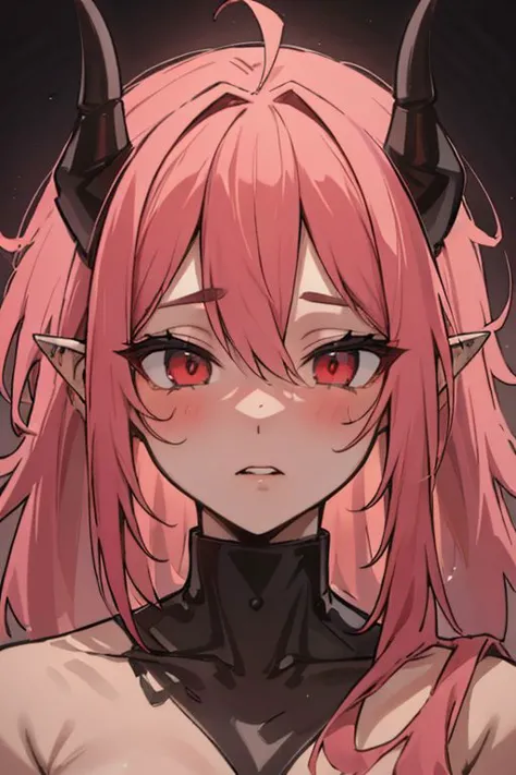 a close up of a person with pink hair and horns