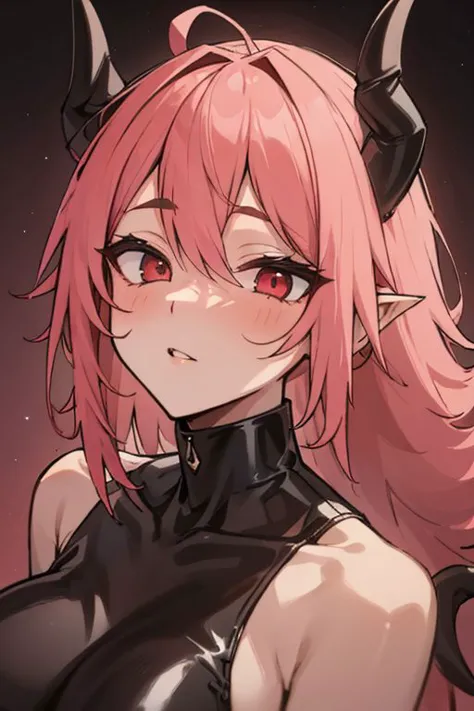 a girl with pink hair and horns in a black dress