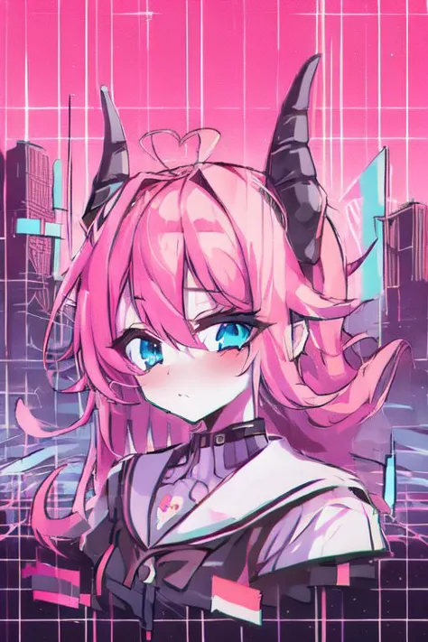 (masterpice, best quality, high quality, highres:1.4), in (vaporwave glitch effect digital illustration art-style:1.36), vtuber-halfbody of a t girl with long pink hair  blue eyes and horns hologram in a city street with neon signs, (city lights:0.7), (solitude:0.5), (futuristic atmosphere:0.7), cinematic shot, ascii, (by tomma abts:1.36), 4k textures, ultra detailed