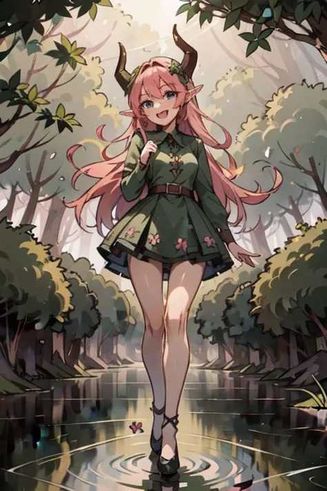 a girl in a green dress standing in a pond with horns