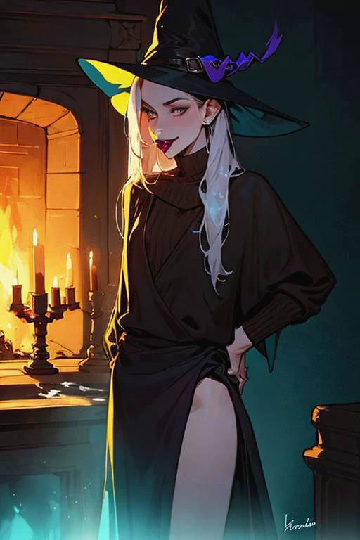 witch hat,1boy,androginous, long hair,tall,lanky,skinny,lifting skirt,standing, sweater,penis, testicles, , looking away, tongue out, smiling, pale, feminine face, heavy makup, dark lipstick, testicles, shaved, closeup view,flat chest, femboy,cum, side view
 low details, hut, dark atmosphere, dying fireplace, teal lights
two tonal lighting,chromatic aberrtion, sense of depth, great composition, complementary colors