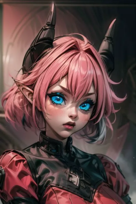 (8k uhd, masterpiece, best quality, high quality, ultra_detailed) 1 girl, solo, dress, (dark_cherry colore + pink hair, blue eyes, horns, pointed ears),  Better hand, perfect anatomy.