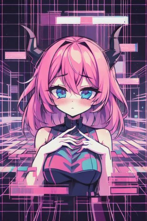 (masterpice, best quality, high quality, highres:1.4), in (vaporwave glitch effect digital illustration art-style:1.36), vtuber-halfbody of a t girl with long pink hair  blue eyes and horns hologram in a city street with neon signs, (city lights:0.7), (solitude:0.5), (futuristic atmosphere:0.7), cinematic shot, ascii, (by tomma abts:1.3k textures, ultra detailed