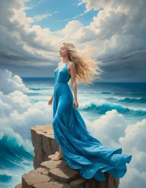 a woman in a blue dress standing on a cliff above the ocean