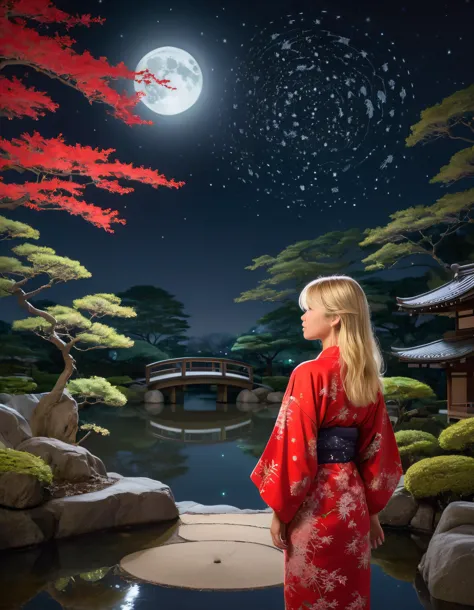 In the soft glow of moonlight, a solitary blonde-haired girl stands in a tranquil Japanese garden, her gaze locked with an unseen observer as she gazes upwards, captivated by the constellations that mirror the intricate embroidery on her vibrant red kimono. TR0B1C4L <lora:jjkghg18fce9d55c6s925:1>