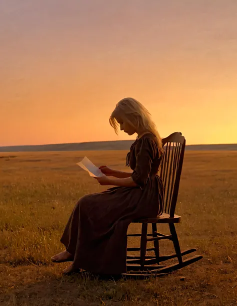 In the twilight of a desolate prairie, a solitary blonde-haired woman sits alone on an antique wooden rocking chair, her silhouette accentuated by the fading sunset's golden glow, as she holds a forgotten letter tight to her chest, lost in thought amidst the tranquil and forlorn landscape. TR0B1C4L <lora:jjkghg18fce9d55c6s925:1>