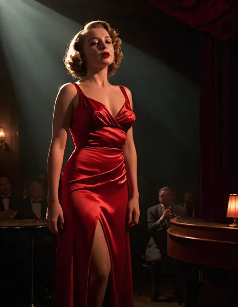 arafed woman in a red dress standing in a dimly lit room