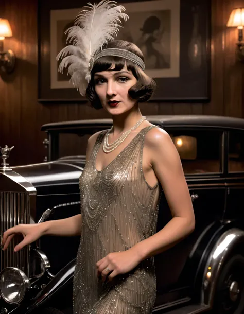 a woman in a flapper dress standing next to a car