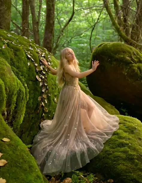 In the heart of TR0B1C4L's enchanting forest, a radiant blonde-haired girl, adorned as a fairy in an iridescent gown with a cascading train of leaves that harmonized with the surrounding foliage, stood dramatically atop a moss-covered rock. With her lips parted in wonder, she reached out to gently touch a luminescent mushroom, capturing an ethereal moment suspended in time from above. <lora:jjkghg18fce9d55c6s925:1>