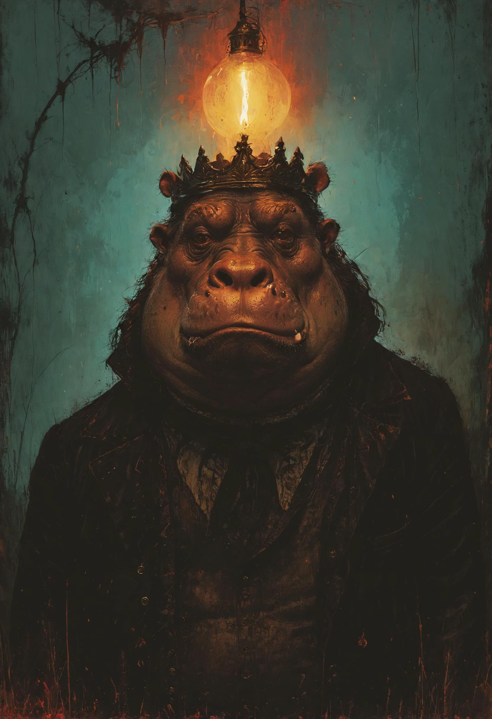 Живот — король бегемот, МО - Ван Хельсинг, Привет с портрета отвратительного тающего человека., отличное освещение, окружающее освещение, насыщенные цвета