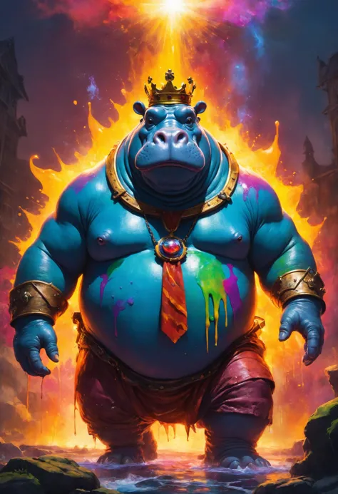 The belly is King Hippo, the MO is Van Helsing, The hello is from a portrait of abhorrent man melting, Lens Flare, Gorgeous splash of vibrant paint, saturated colors