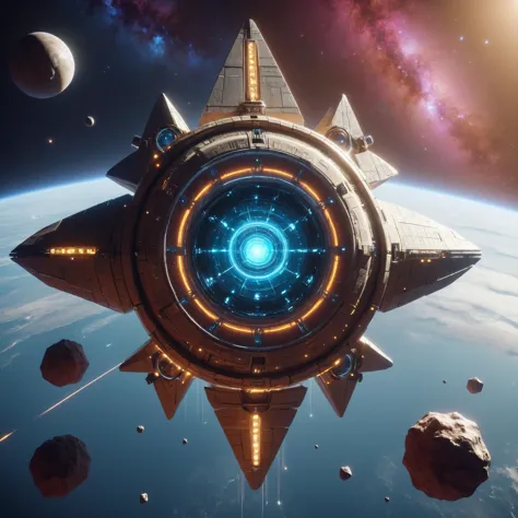 EgyptTech, Immense station spatiale en orbite en arrière-plan, super éclairage, pastel néon, couleurs saturées, netteté, embrasé, science-fiction néon, hyperréaliste, rendu d&#39;octane, lancer de rayons, tendance sur artstation, c4d