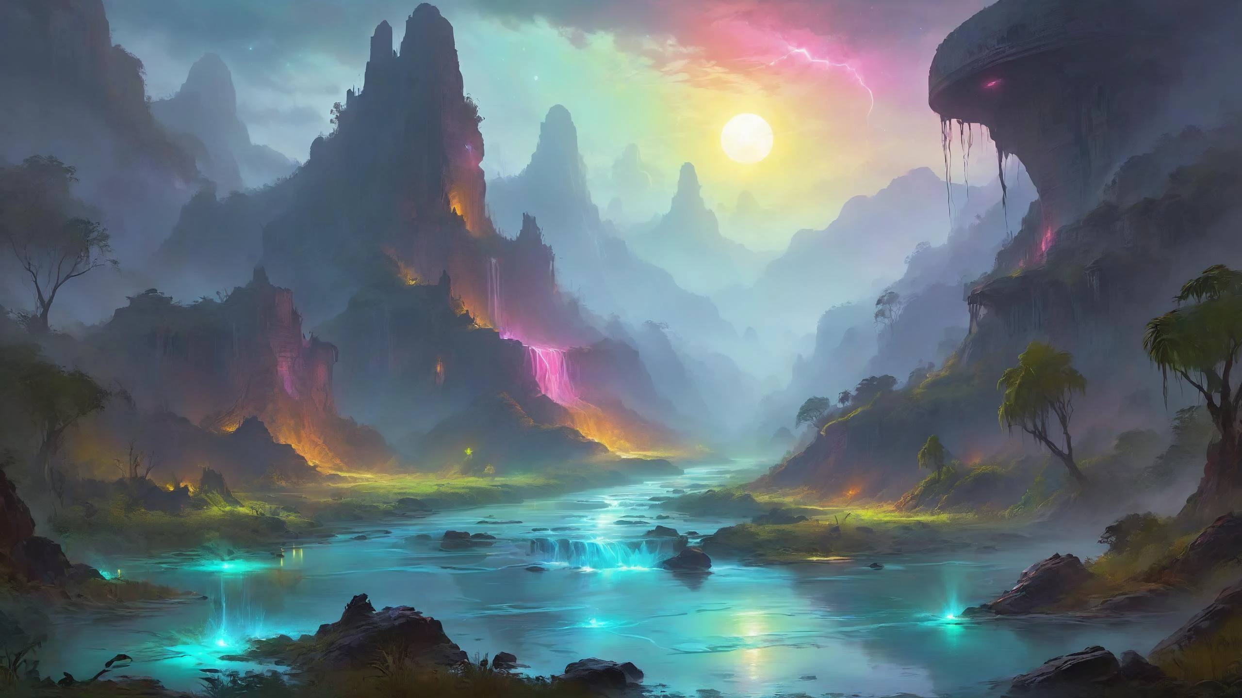 Die Ruinen einer außerirdischen Zivilisation, Im Hintergrund schlängeln sich biolumineszierende Flüsse durch üppige Täler, Glühwelle, digitale Zeichnung, gesättigte Farben