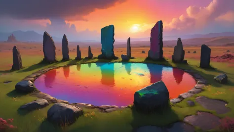 photorealistic detailed digital illustration of a circle of standing stones, 8k, Rainbow-hued plains stretching to infinity in the background,, Gorgeous splash of vibrant paint, saturated colors luminous, a mysterious luminous geysers in the distance, Digital Art, Concept art by Beksinski and Craig Mullins, Octane render in Maya and Houdini VFX  