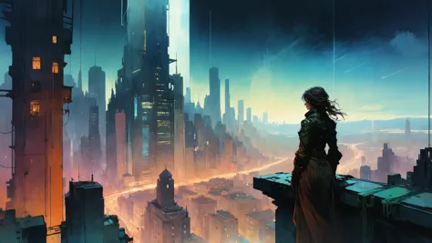 A lone figure stands atop a skyscraper, gazing out at the sprawling cityscape below, AshleyWoodArtAI,, neon pastel, saturated co...