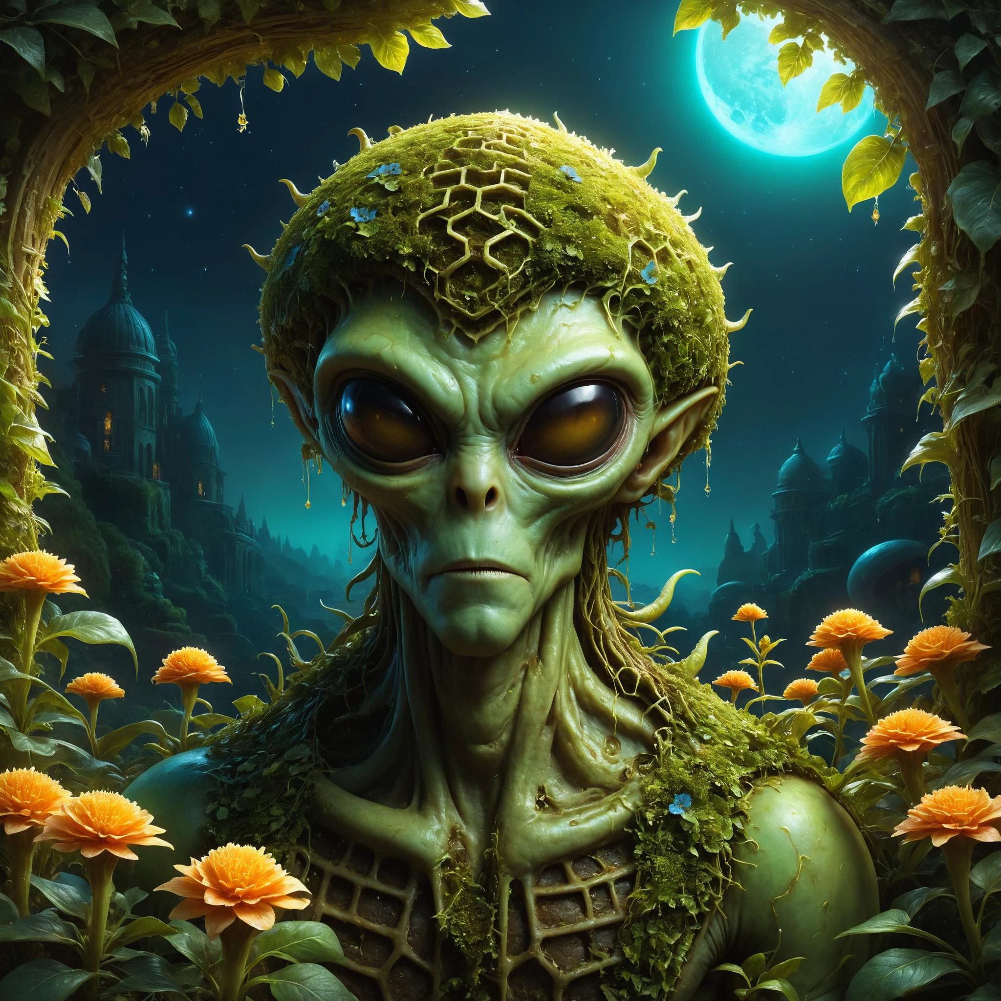 ral-hnycmb alien flora, Twisted, overgrown hedge maze at night in the background,,, Back lighting, saturated colors, sharp focus  digital painting, concept art, award-winning illustration by Greg rutkowski, Gaston Bussiere and artgerm, 4k