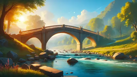 جسر zavy-rmn جاسليت يمتد فوق نهر هادئ,, عدسة مضيئة, الألوان المشبعة, رسم رقمي بتركيز حاد, سلس, تتجه على artstation, مفهوم الفن