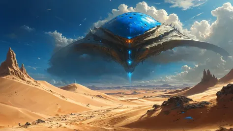 alien landscape, Biomechanical towering metallic giants, Floating islands amidst radiant azure skies, Towering sand dunes shifti...