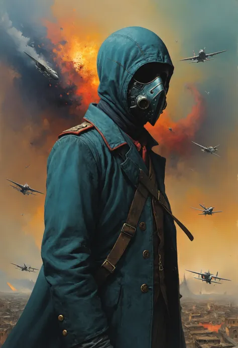 a painting of a man in a gas mask and a blue coat