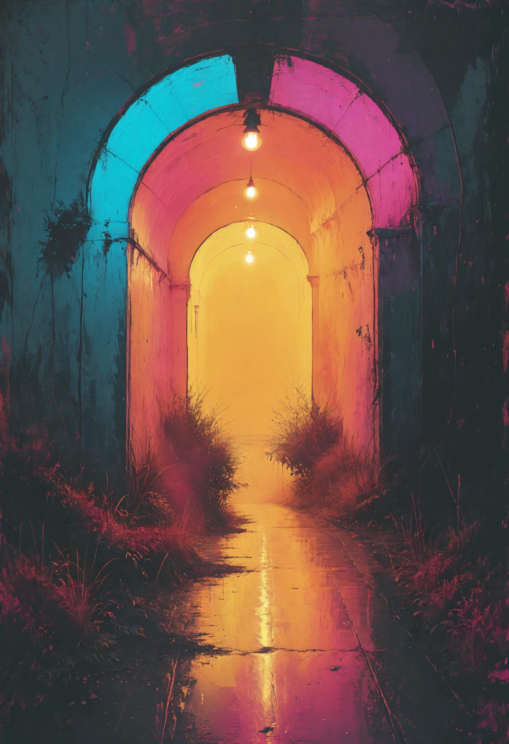 当你只能看到光的尽头的隧道时, 熄灯,  超过, 这是你生命的终结, 霓虹粉彩, 饱和的颜色
