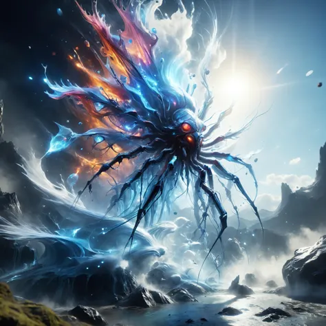 tempestmagic towering insectoid monstrosity, Towering geysers erupting with liquid diamonds, paintmgc,, Lens Flare, saturated co...