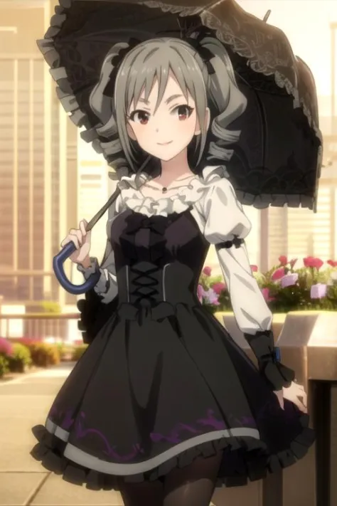 (((pixel-perfect, detail-perfect))), solo, 1girl, <lora:ranko-idolmaster-01:0.8>, ranko kanzaki, black dress, gothic, umbrella, ...