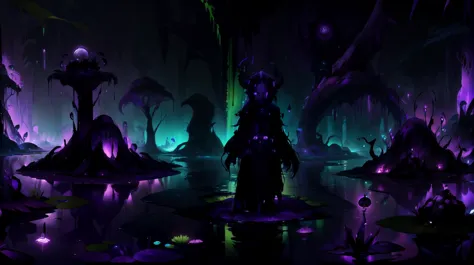 a dark cave with purple lights and a purple alien figure