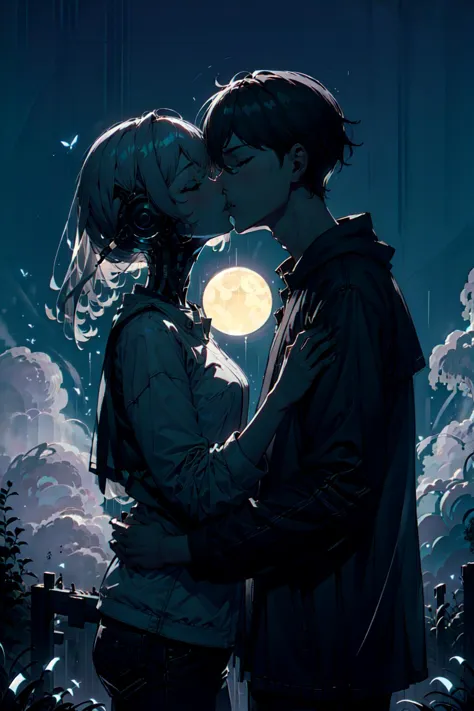 a couple kissing in the moonlight with a full moon behind them