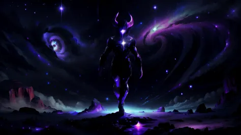 (masterpiece, best quality, fullscreen), [(full body:1.4)::0.5] portrait (photo of a whole magnificent giant [magical being:creature:0.4] with a single giant empty eye:1.5), (at night, darkness, no light), (Brilliant purple night sky Skin texture:1.4),(no mouth:1.2), (four feets:0.8) and (two hands:1), long legs, (two Spiral Horns:0.6), organic feeling, (Feathered body shape:1.2), (Hollow head:0.9), (Rhinoceros Horns:0.8), (Happiness posture:1.3), (celestialskin, DARK CELESTIALSKIN BODY, VOID COSMIC BODY, COLORED SKIN, FLAT COLOR, JET BLACK SKIN, SILHOUETTE:1.3), ral-smoldragons, (background inside a dark rift with some visible night sky), (landscape, star, nebulae, galaxy:1.1), , , (look at the viewer:1.3), , two-tone, dimly lit, (Full body Shot, Shallow Focus Shot, Low Angle Shot:[1.2:0.5:0.1]), heavily detailed, , , (sharp focus), , (no humans), (embedding:VIEW_Style-GHL), cate, epic lighting, 8K resolution, extremely detailed, beautiful, establishing shot, artistic, hyperrealistic, octane render, cinematic lighting, dramatic lighting, masterpiece, light brazen, extremely detailed and beautiful face