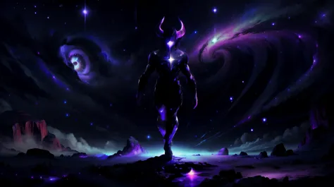 a man standing on a rock in the middle of a galaxy