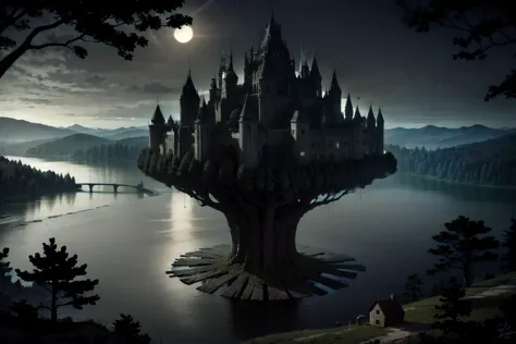 a large castle sitting on top of a tree in the middle of a lake