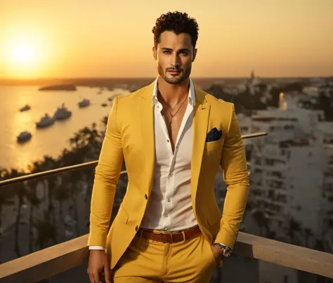 a close up of a man in a yellow suit standing on a balcony