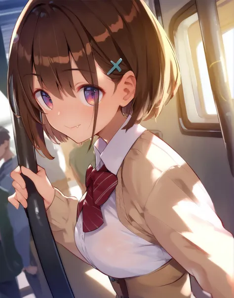 anime girl with brown hair and blue eyes on a train