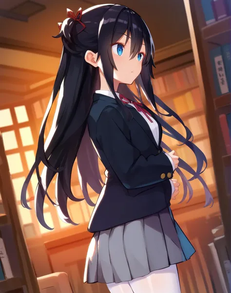 anime girl with long black hair and blue eyes in a library