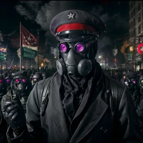 captain_zee giving a speech, 
officer, uniform suit, gas mask, night goggles, cloth cloak, 
